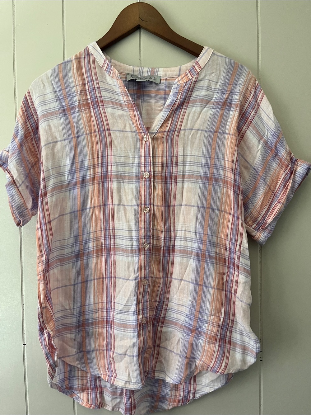 Tommy Bahama Peach, Blue & White Plaid Button-Up Top